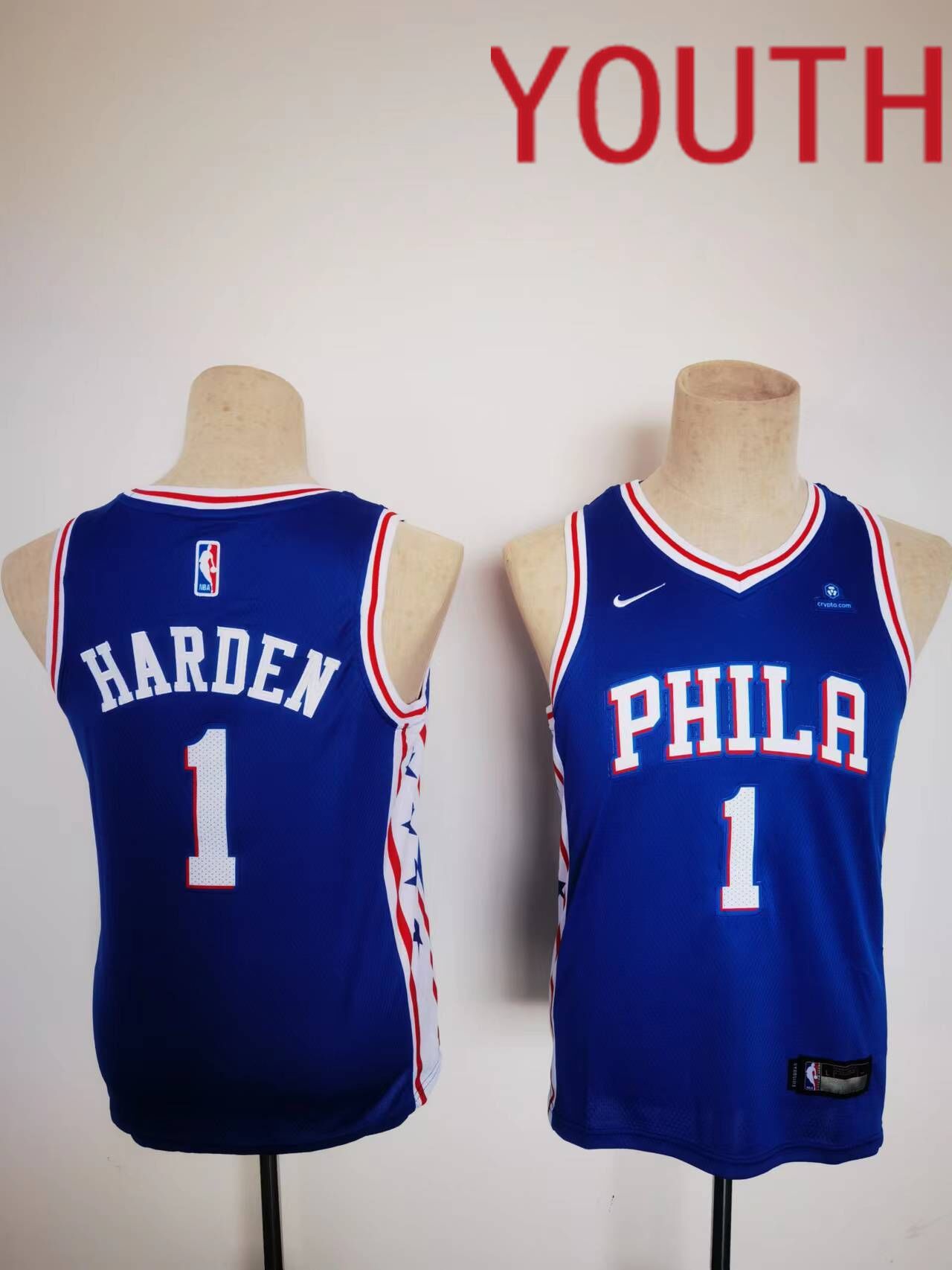 Youth Philadelphia 76ers #1 Harden Blue 2022 Nike NBA Jerseys